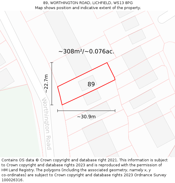 89, WORTHINGTON ROAD, LICHFIELD, WS13 8PG: Plot and title map