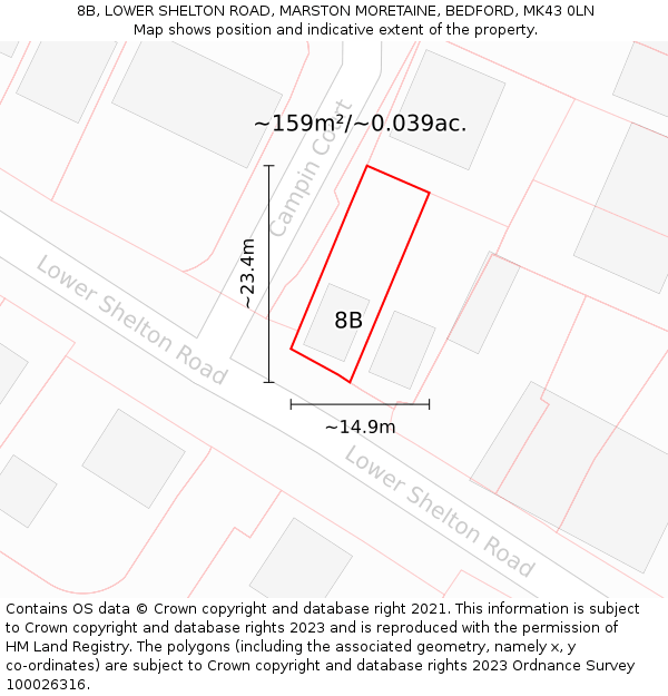 8B, LOWER SHELTON ROAD, MARSTON MORETAINE, BEDFORD, MK43 0LN: Plot and title map