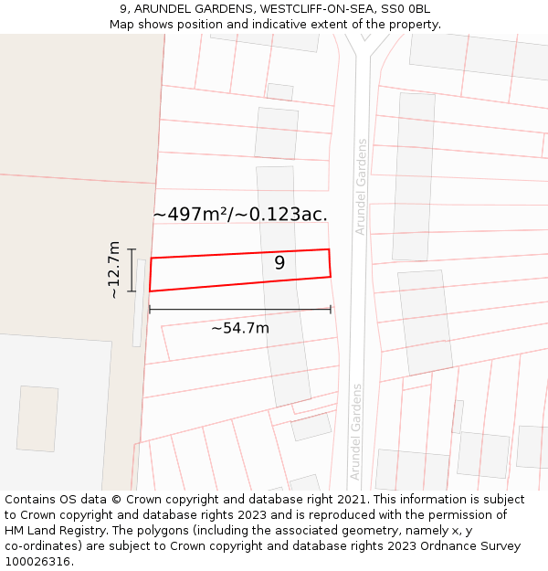 9, ARUNDEL GARDENS, WESTCLIFF-ON-SEA, SS0 0BL: Plot and title map