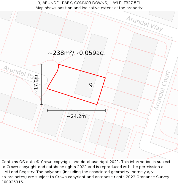 9, ARUNDEL PARK, CONNOR DOWNS, HAYLE, TR27 5EL: Plot and title map