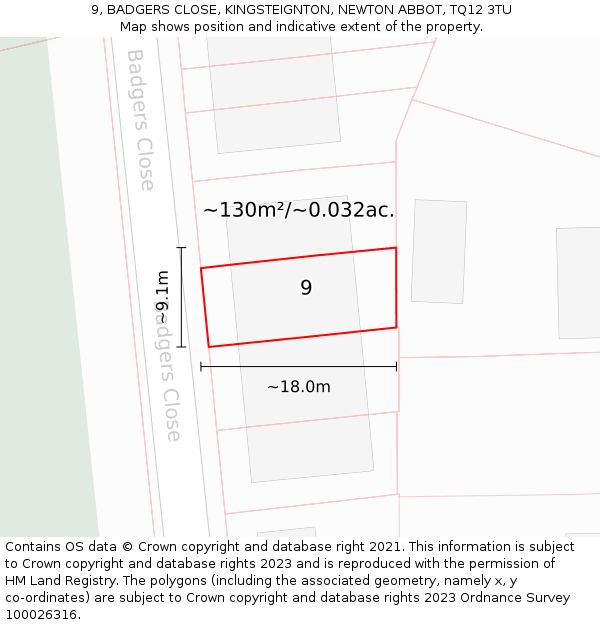 9, BADGERS CLOSE, KINGSTEIGNTON, NEWTON ABBOT, TQ12 3TU: Plot and title map