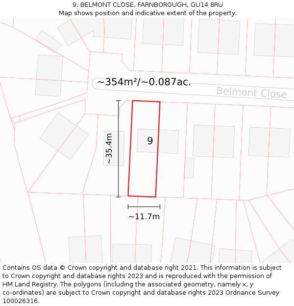 9, BELMONT CLOSE, FARNBOROUGH, GU14 8RU: Plot and title map