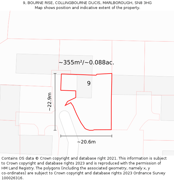 9, BOURNE RISE, COLLINGBOURNE DUCIS, MARLBOROUGH, SN8 3HG: Plot and title map