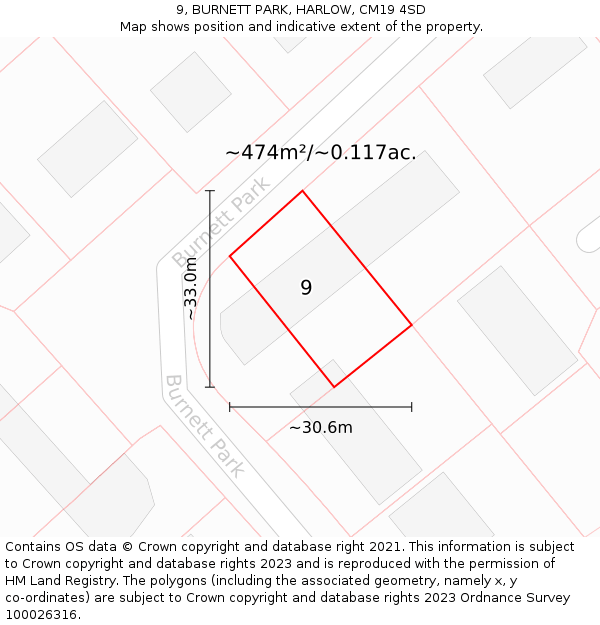 9, BURNETT PARK, HARLOW, CM19 4SD: Plot and title map