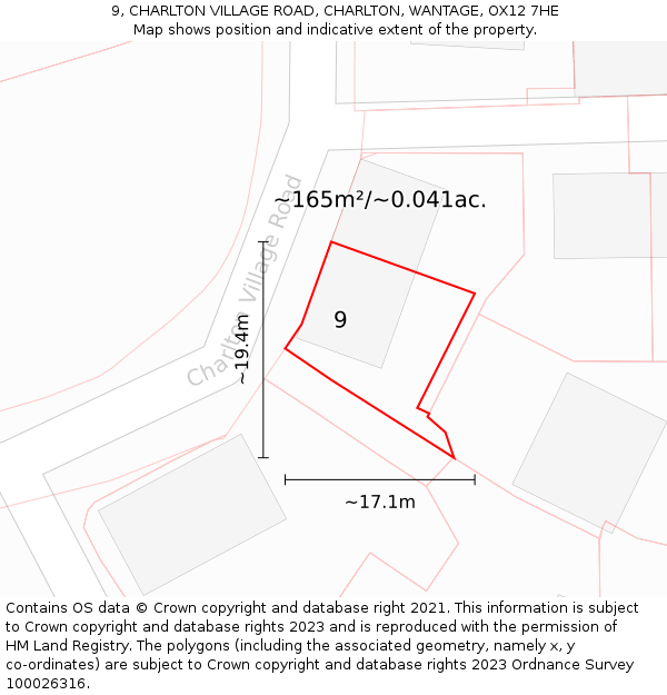 9, CHARLTON VILLAGE ROAD, CHARLTON, WANTAGE, OX12 7HE: Plot and title map