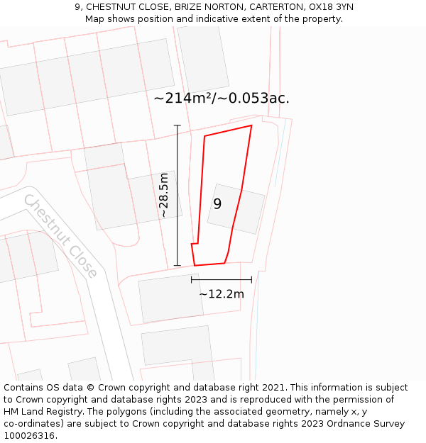9, CHESTNUT CLOSE, BRIZE NORTON, CARTERTON, OX18 3YN: Plot and title map