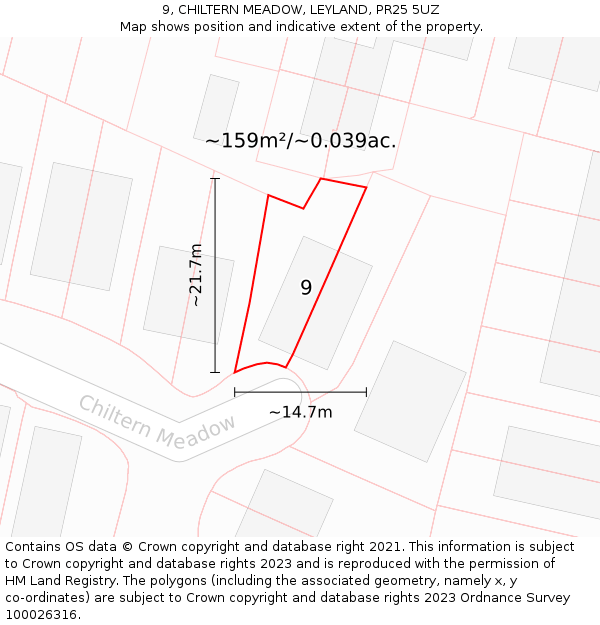 9, CHILTERN MEADOW, LEYLAND, PR25 5UZ: Plot and title map