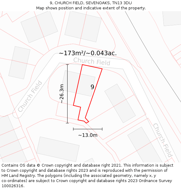 9, CHURCH FIELD, SEVENOAKS, TN13 3DU: Plot and title map