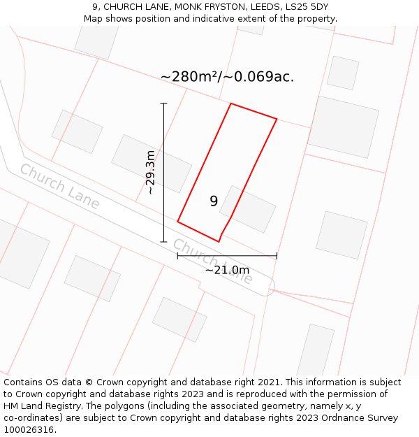 9, CHURCH LANE, MONK FRYSTON, LEEDS, LS25 5DY: Plot and title map