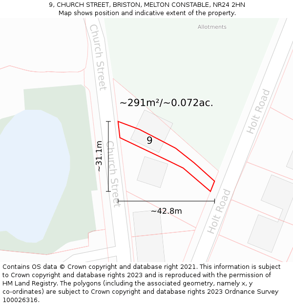 9, CHURCH STREET, BRISTON, MELTON CONSTABLE, NR24 2HN: Plot and title map