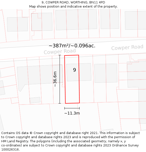 9, COWPER ROAD, WORTHING, BN11 4PD: Plot and title map