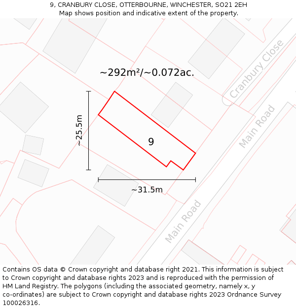 9, CRANBURY CLOSE, OTTERBOURNE, WINCHESTER, SO21 2EH: Plot and title map