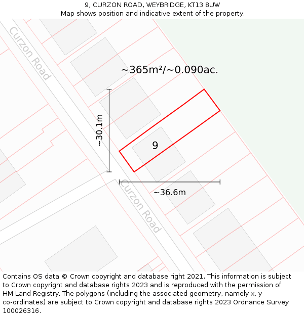 9, CURZON ROAD, WEYBRIDGE, KT13 8UW: Plot and title map