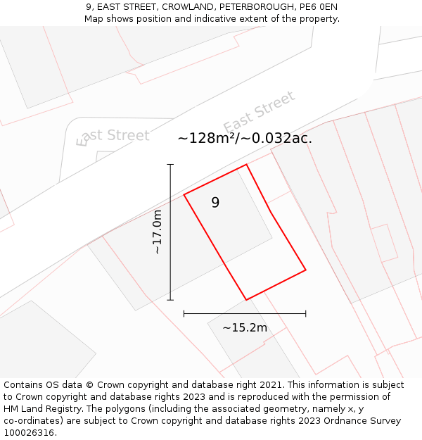 9, EAST STREET, CROWLAND, PETERBOROUGH, PE6 0EN: Plot and title map