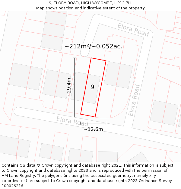 9, ELORA ROAD, HIGH WYCOMBE, HP13 7LL: Plot and title map