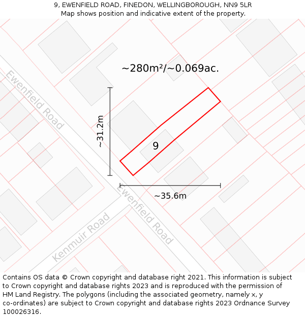 9, EWENFIELD ROAD, FINEDON, WELLINGBOROUGH, NN9 5LR: Plot and title map