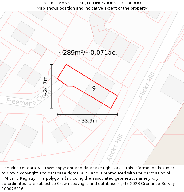 9, FREEMANS CLOSE, BILLINGSHURST, RH14 9UQ: Plot and title map