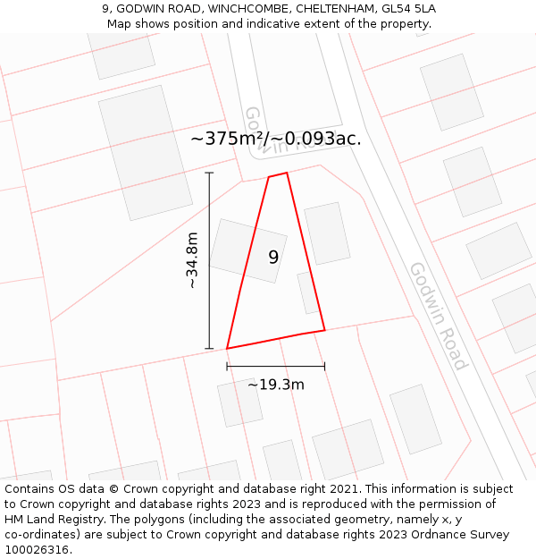 9, GODWIN ROAD, WINCHCOMBE, CHELTENHAM, GL54 5LA: Plot and title map