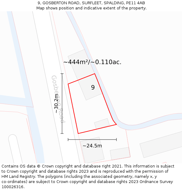 9, GOSBERTON ROAD, SURFLEET, SPALDING, PE11 4AB: Plot and title map