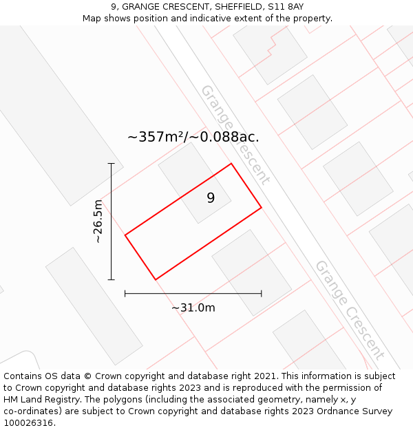 9, GRANGE CRESCENT, SHEFFIELD, S11 8AY: Plot and title map