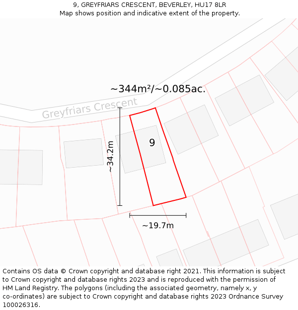 9, GREYFRIARS CRESCENT, BEVERLEY, HU17 8LR: Plot and title map