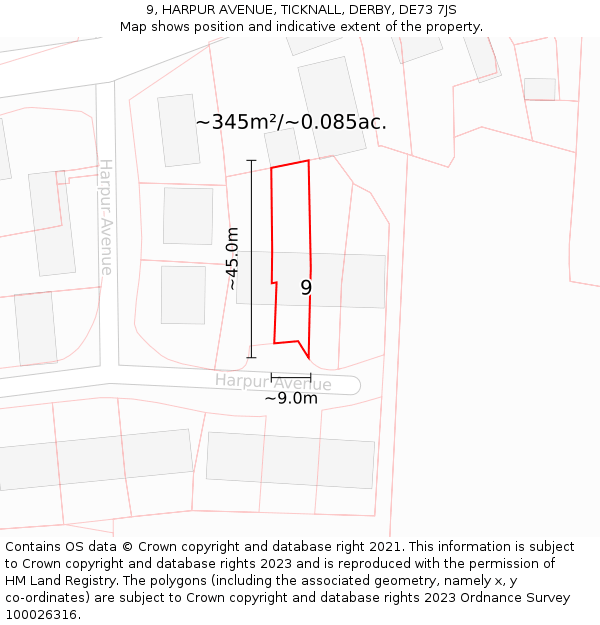 9, HARPUR AVENUE, TICKNALL, DERBY, DE73 7JS: Plot and title map