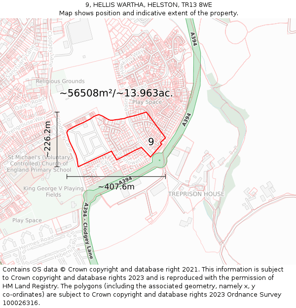 9, HELLIS WARTHA, HELSTON, TR13 8WE: Plot and title map