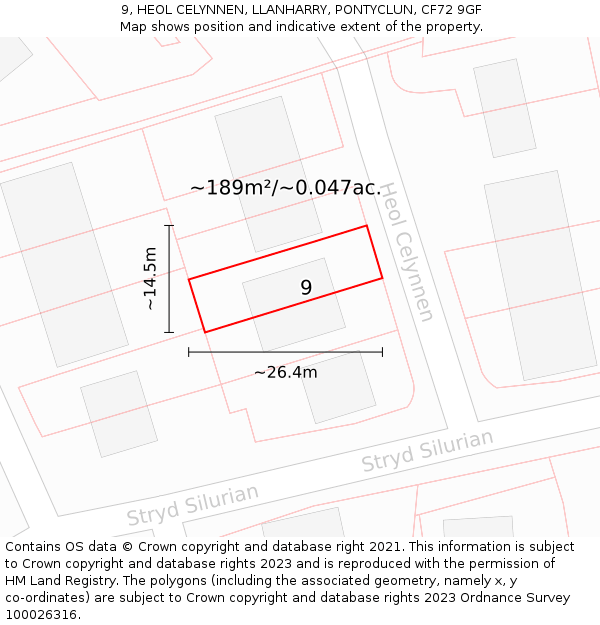 9, HEOL CELYNNEN, LLANHARRY, PONTYCLUN, CF72 9GF: Plot and title map