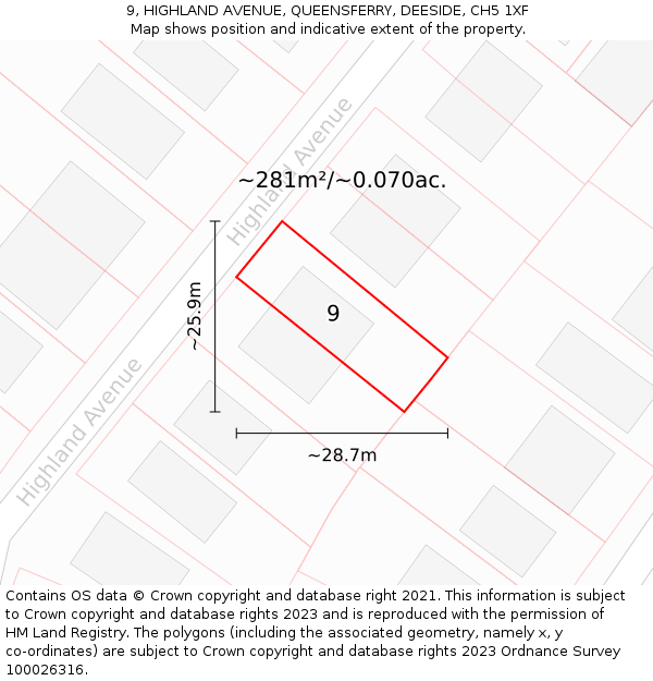 9, HIGHLAND AVENUE, QUEENSFERRY, DEESIDE, CH5 1XF: Plot and title map