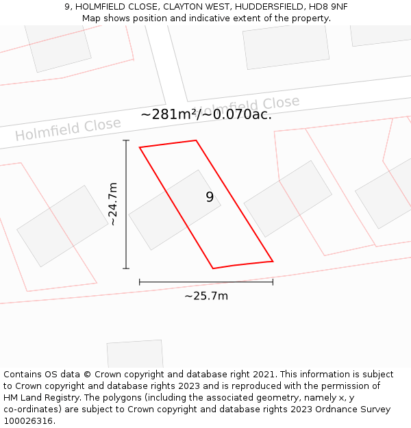 9, HOLMFIELD CLOSE, CLAYTON WEST, HUDDERSFIELD, HD8 9NF: Plot and title map