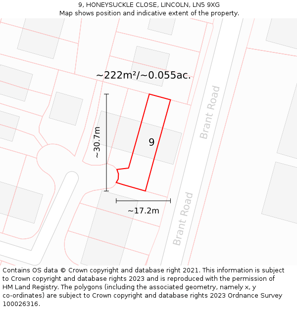 9, HONEYSUCKLE CLOSE, LINCOLN, LN5 9XG: Plot and title map