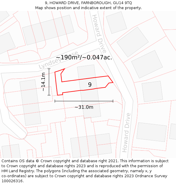 9, HOWARD DRIVE, FARNBOROUGH, GU14 9TQ: Plot and title map