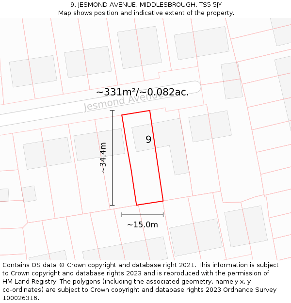 9, JESMOND AVENUE, MIDDLESBROUGH, TS5 5JY: Plot and title map