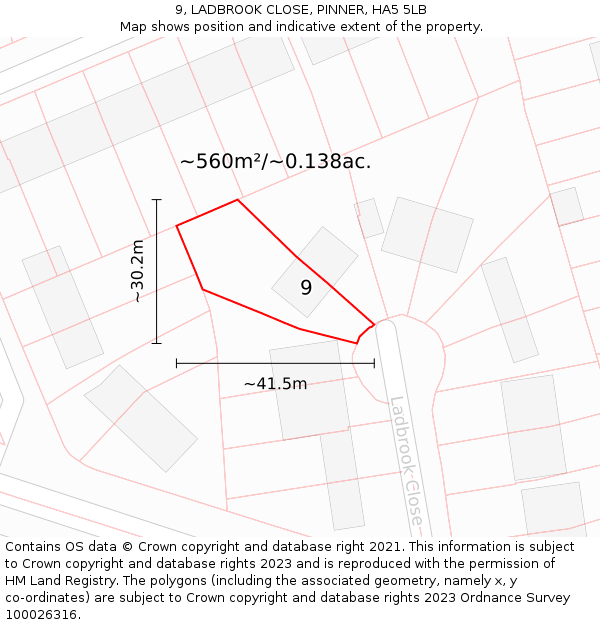 9, LADBROOK CLOSE, PINNER, HA5 5LB: Plot and title map