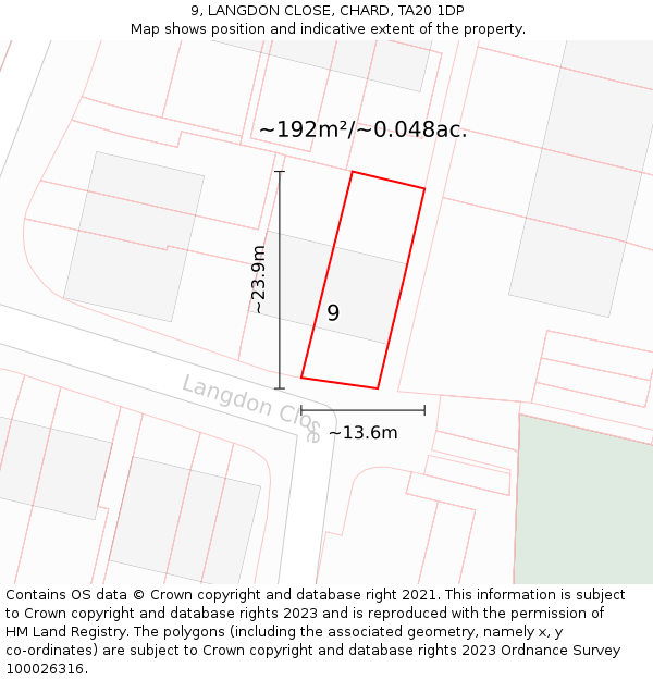 9, LANGDON CLOSE, CHARD, TA20 1DP: Plot and title map