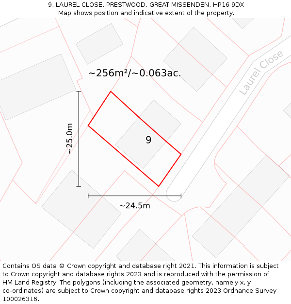 9, LAUREL CLOSE, PRESTWOOD, GREAT MISSENDEN, HP16 9DX: Plot and title map