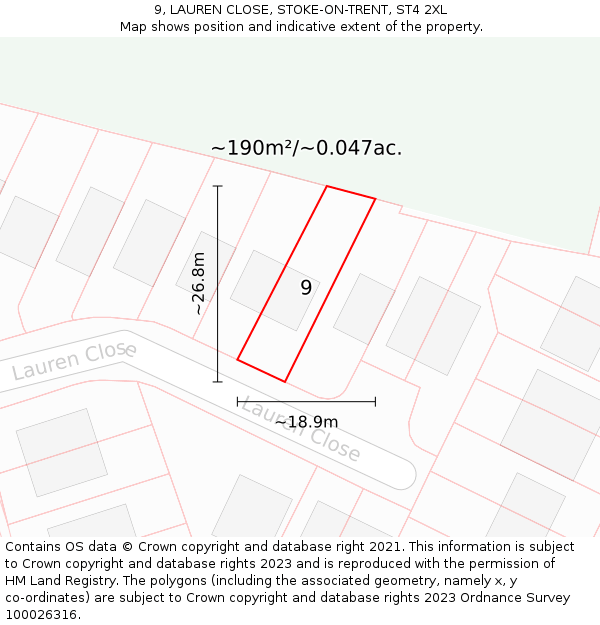 9, LAUREN CLOSE, STOKE-ON-TRENT, ST4 2XL: Plot and title map