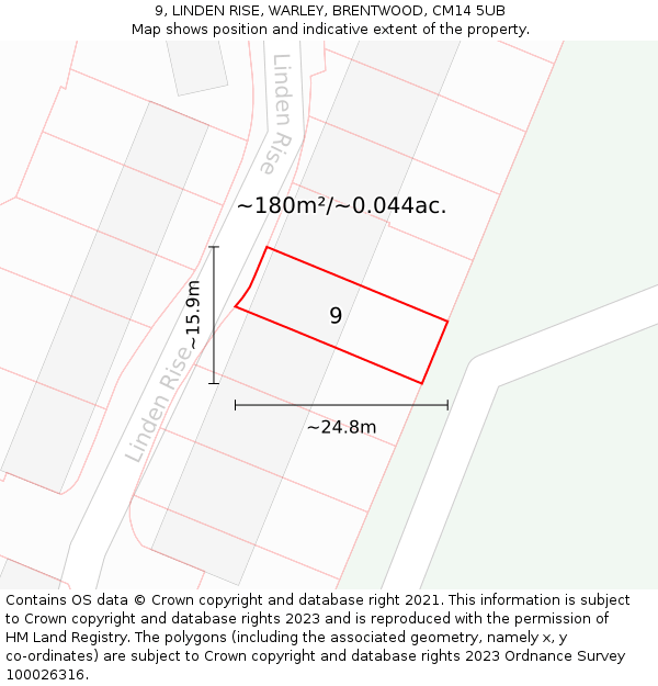 9, LINDEN RISE, WARLEY, BRENTWOOD, CM14 5UB: Plot and title map