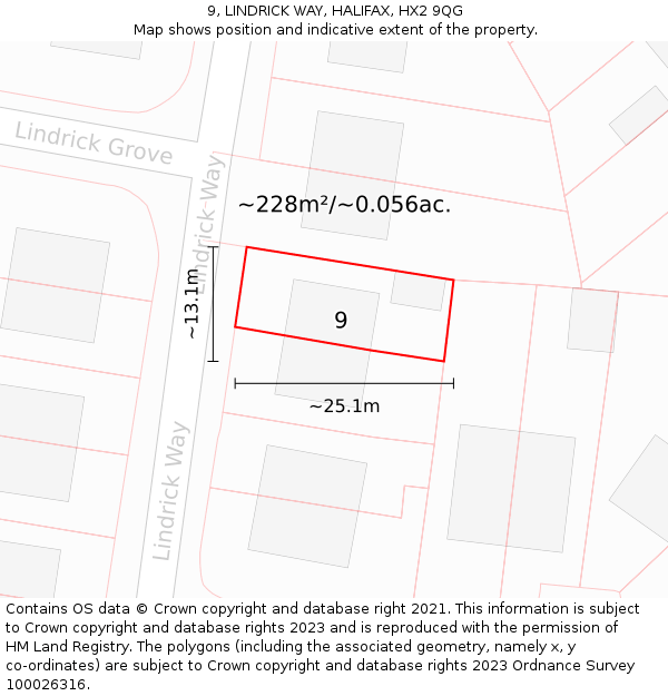 9, LINDRICK WAY, HALIFAX, HX2 9QG: Plot and title map