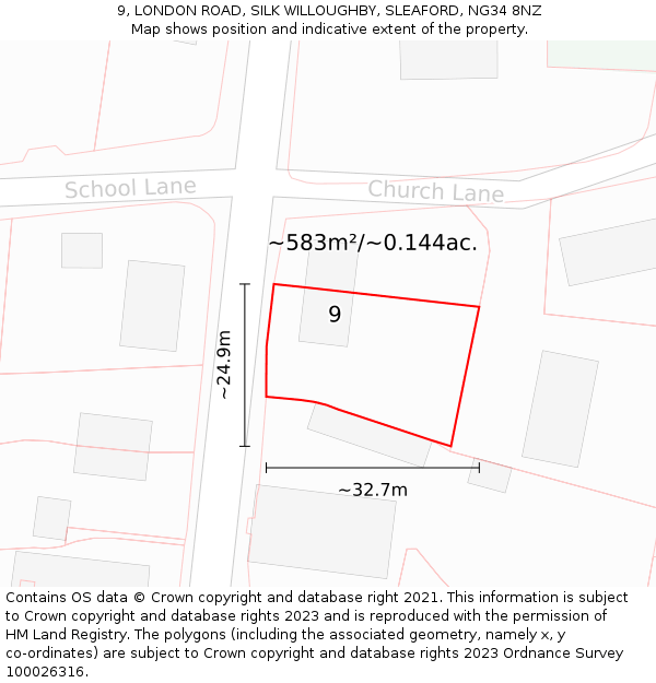 9, LONDON ROAD, SILK WILLOUGHBY, SLEAFORD, NG34 8NZ: Plot and title map