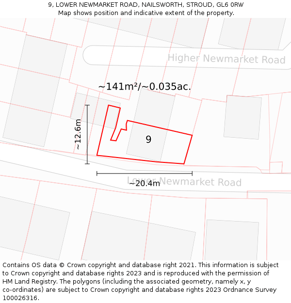 9, LOWER NEWMARKET ROAD, NAILSWORTH, STROUD, GL6 0RW: Plot and title map