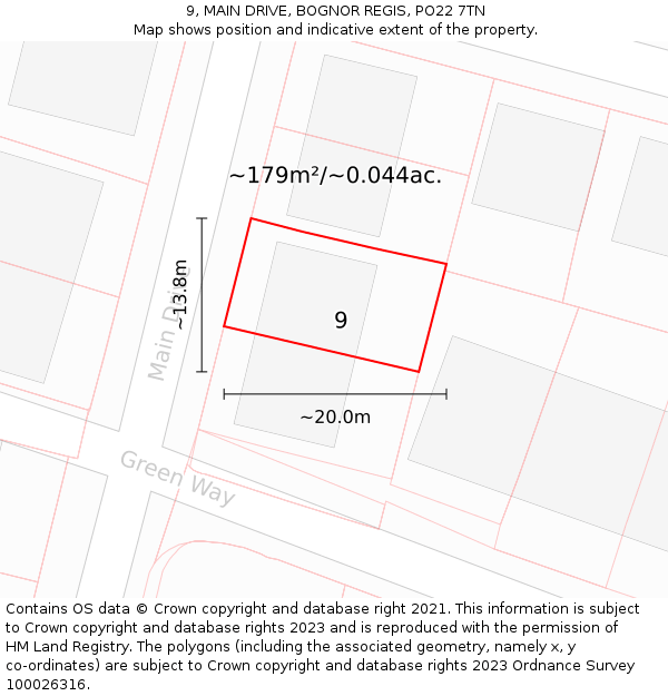 9, MAIN DRIVE, BOGNOR REGIS, PO22 7TN: Plot and title map