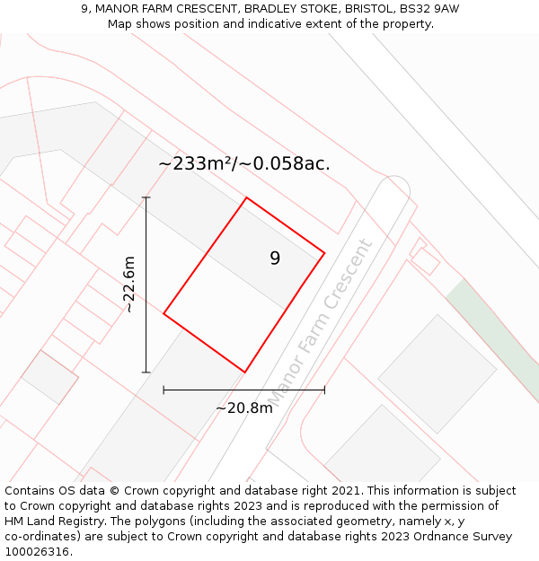 9, MANOR FARM CRESCENT, BRADLEY STOKE, BRISTOL, BS32 9AW: Plot and title map