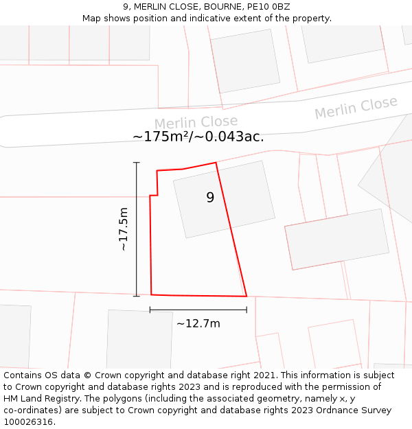 9, MERLIN CLOSE, BOURNE, PE10 0BZ: Plot and title map