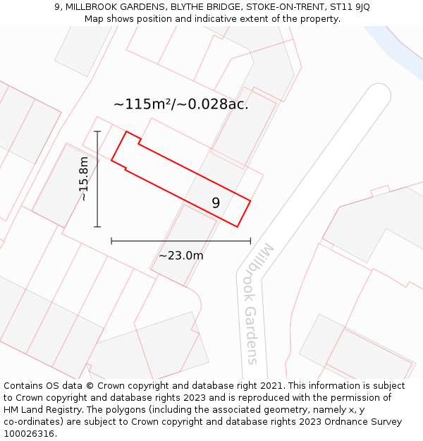 9, MILLBROOK GARDENS, BLYTHE BRIDGE, STOKE-ON-TRENT, ST11 9JQ: Plot and title map