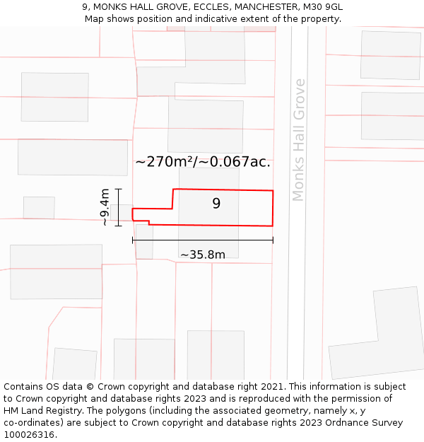 9, MONKS HALL GROVE, ECCLES, MANCHESTER, M30 9GL: Plot and title map