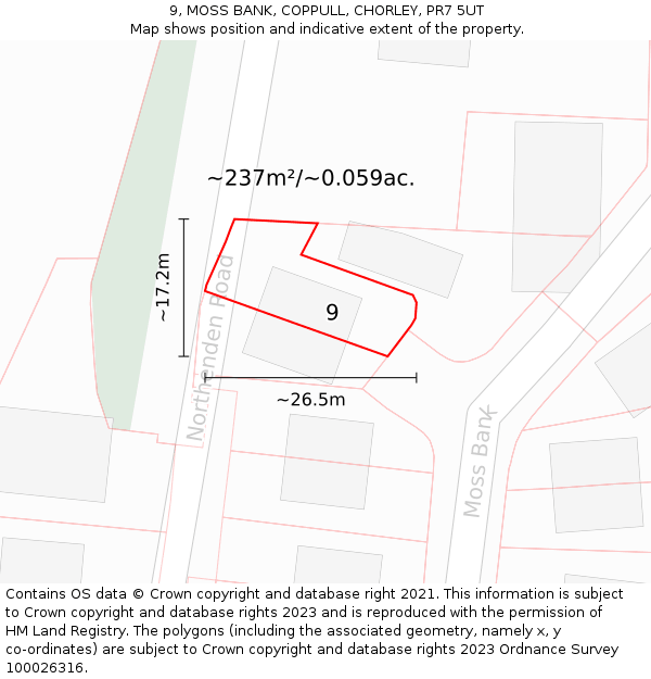 9, MOSS BANK, COPPULL, CHORLEY, PR7 5UT: Plot and title map