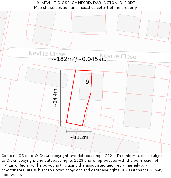 9, NEVILLE CLOSE, GAINFORD, DARLINGTON, DL2 3DF: Plot and title map