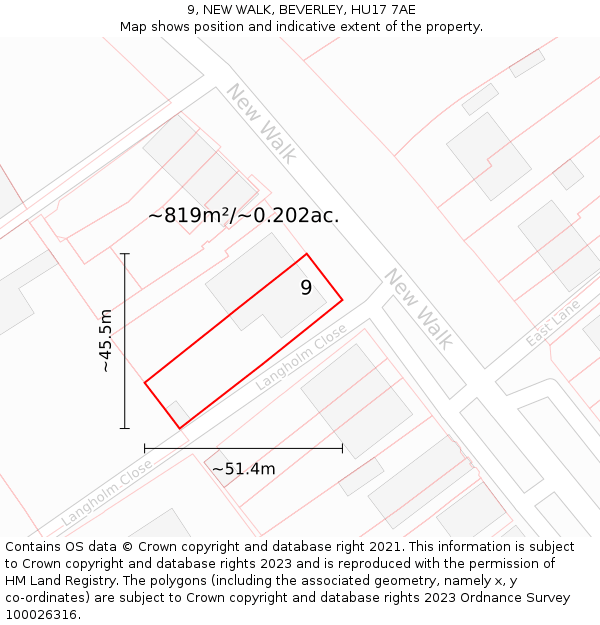 9, NEW WALK, BEVERLEY, HU17 7AE: Plot and title map