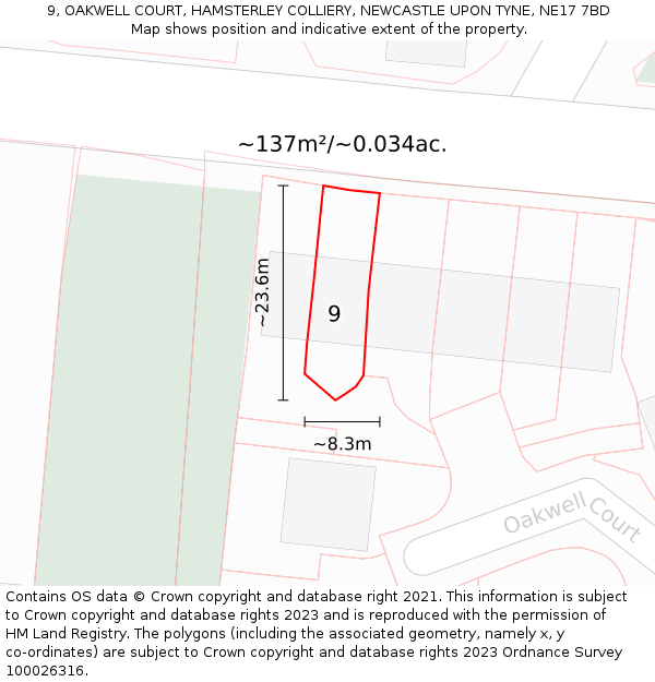 9, OAKWELL COURT, HAMSTERLEY COLLIERY, NEWCASTLE UPON TYNE, NE17 7BD: Plot and title map